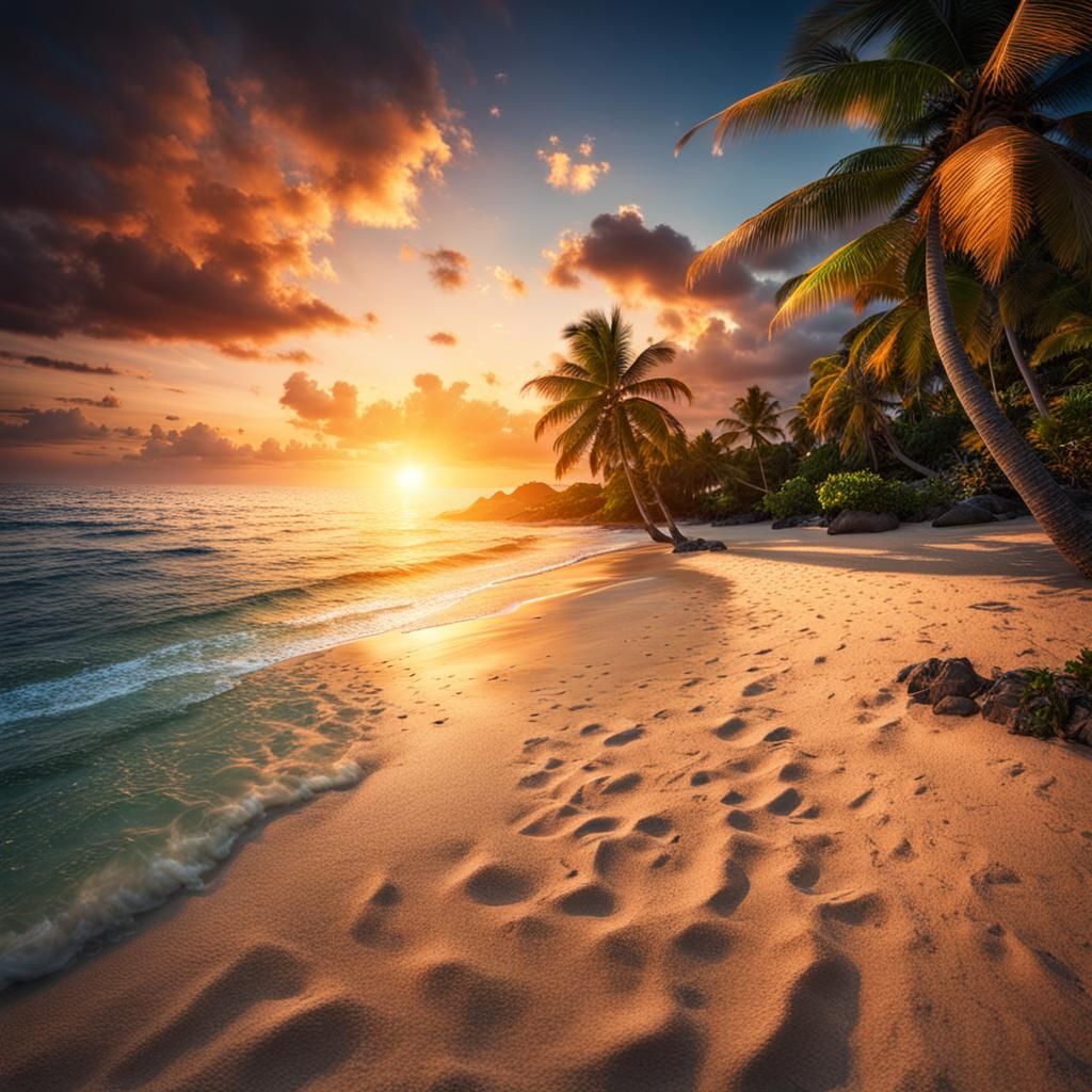 Hyperrealistic Sunset on Paradise Island Beach