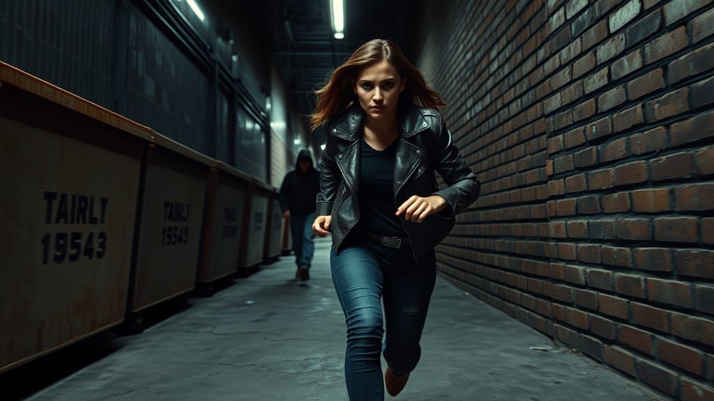 Gritty Alleyway Pursuit in Cyberpunk Noir Style