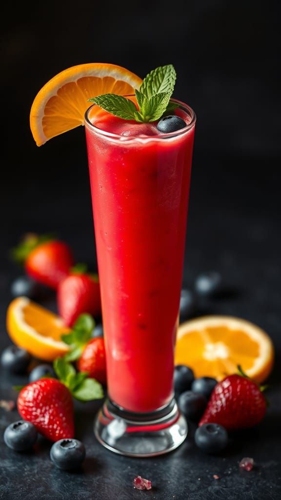 Fresh Berry Smoothie in a Tall Glass, Garnished with Mint an...