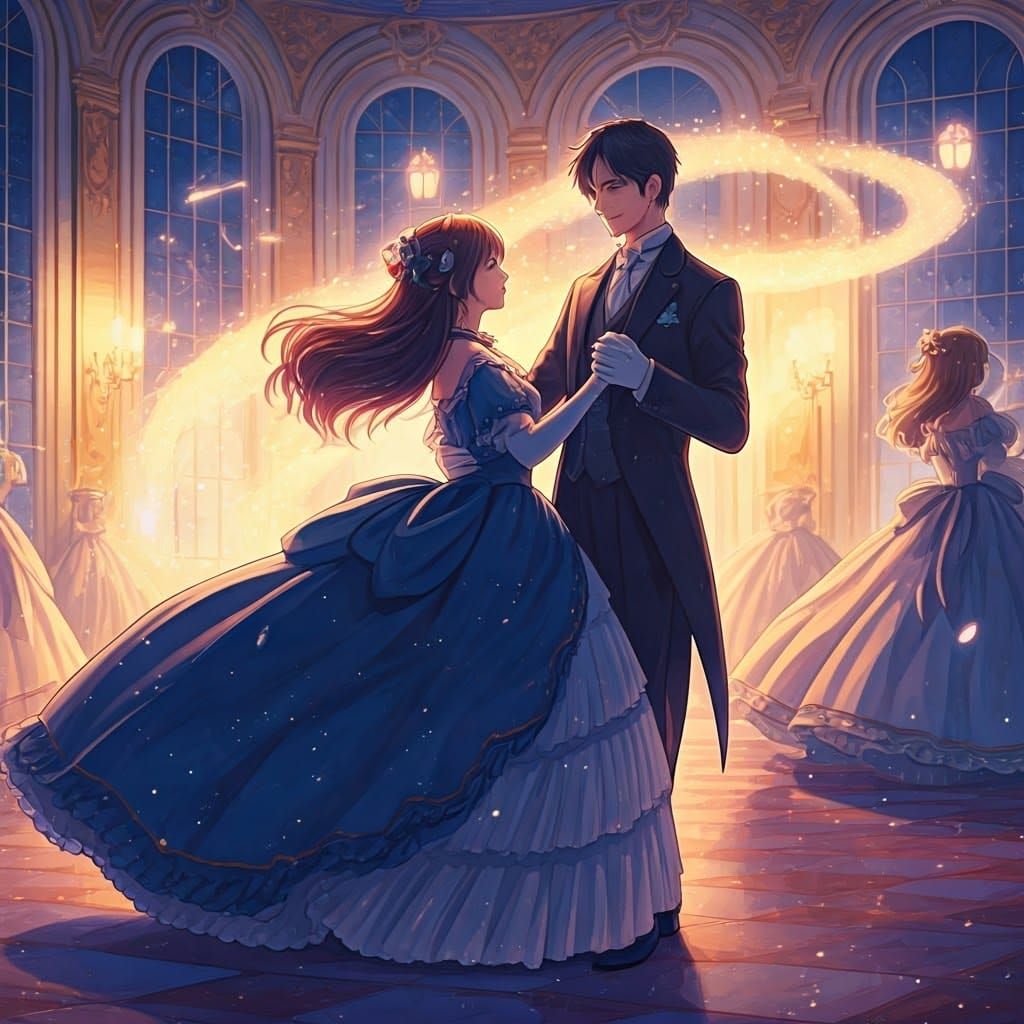 Ghibli-Style Waltz in a Ballroom of Stardust