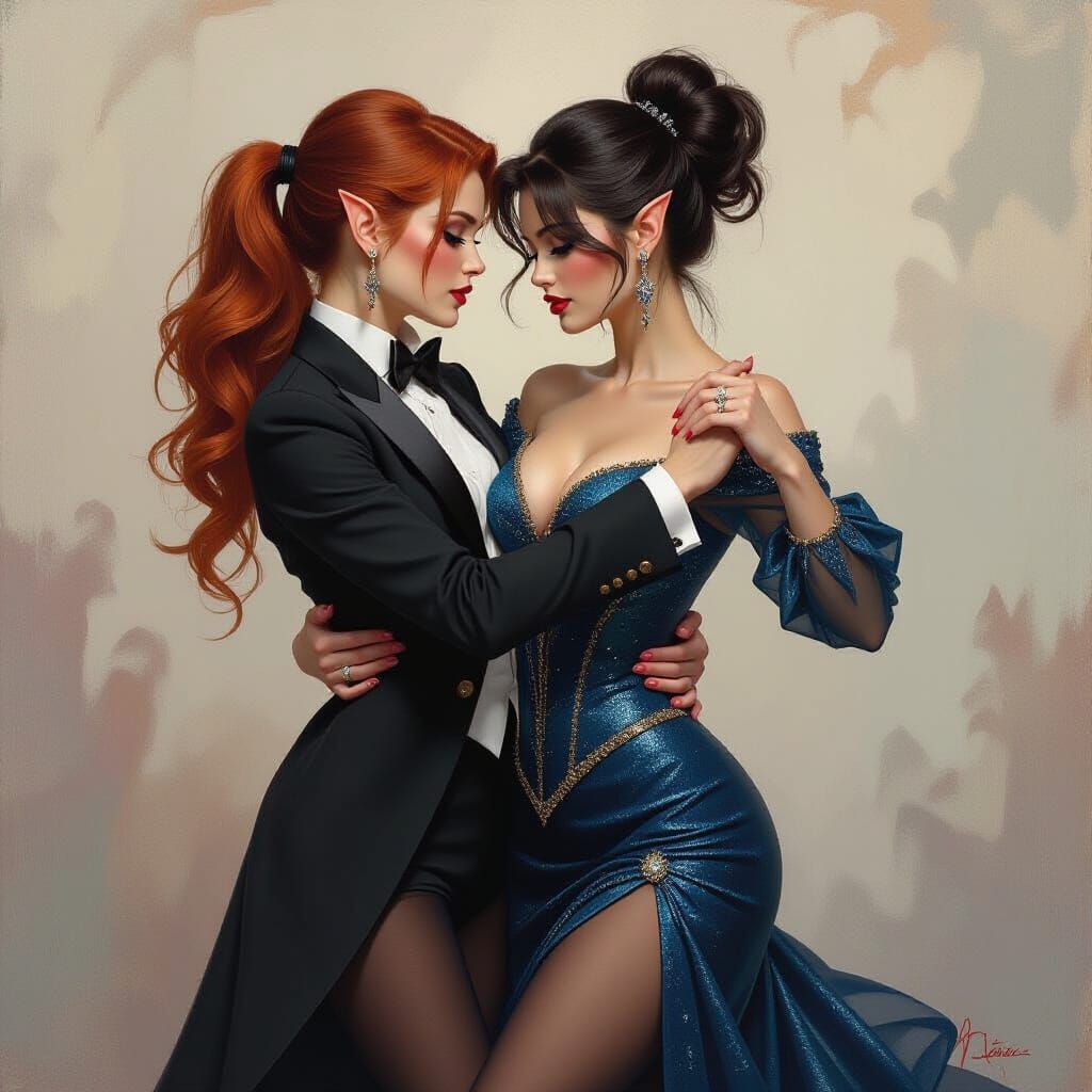 Elf Women Tango in Pre-Raphaelite Oil Painting
