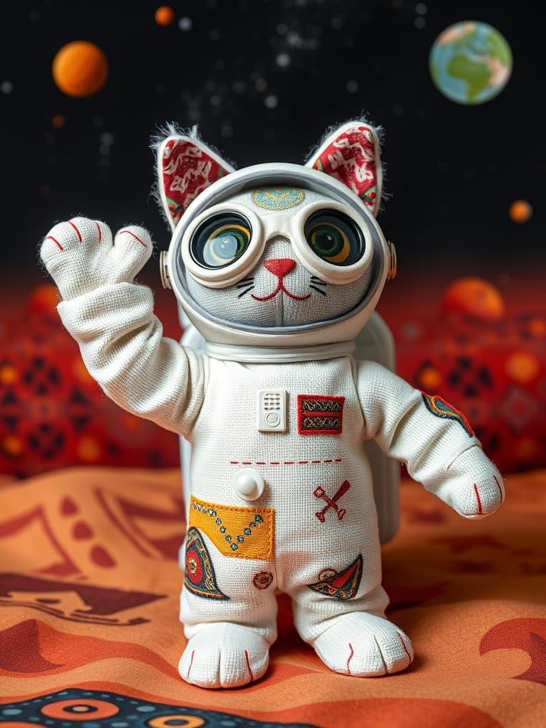 Surreal Cat Astronaut Celebrates Cosmic Victory