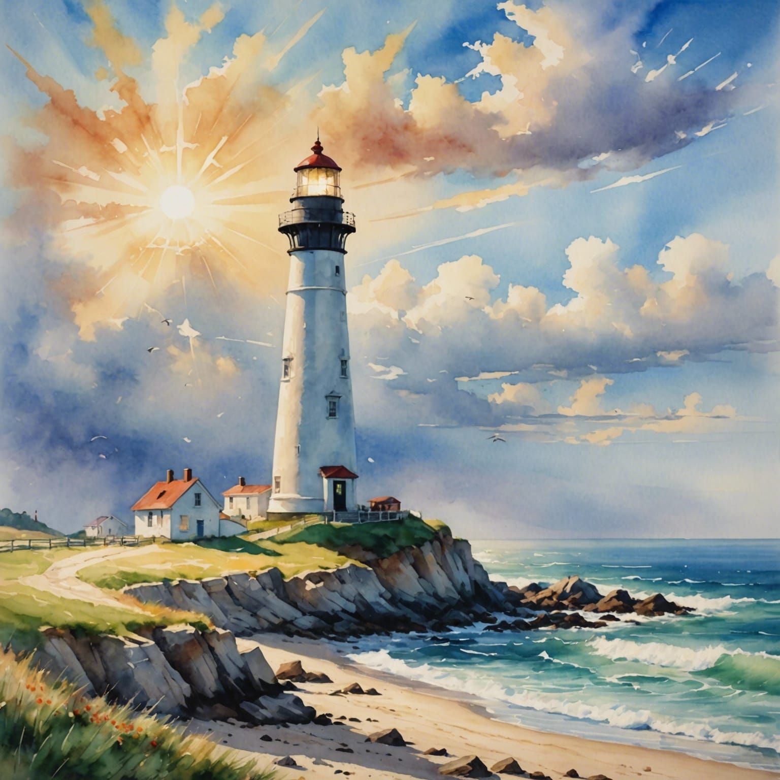 Watercolor Lighthouse on Shore in Divine Light