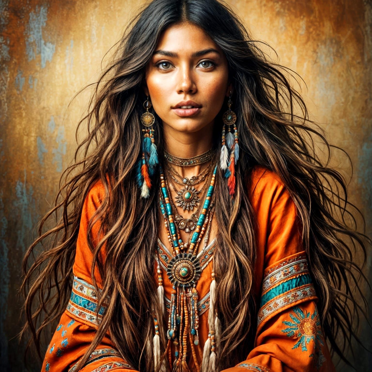 Regal Native American Woman Portrait in Warm Colors