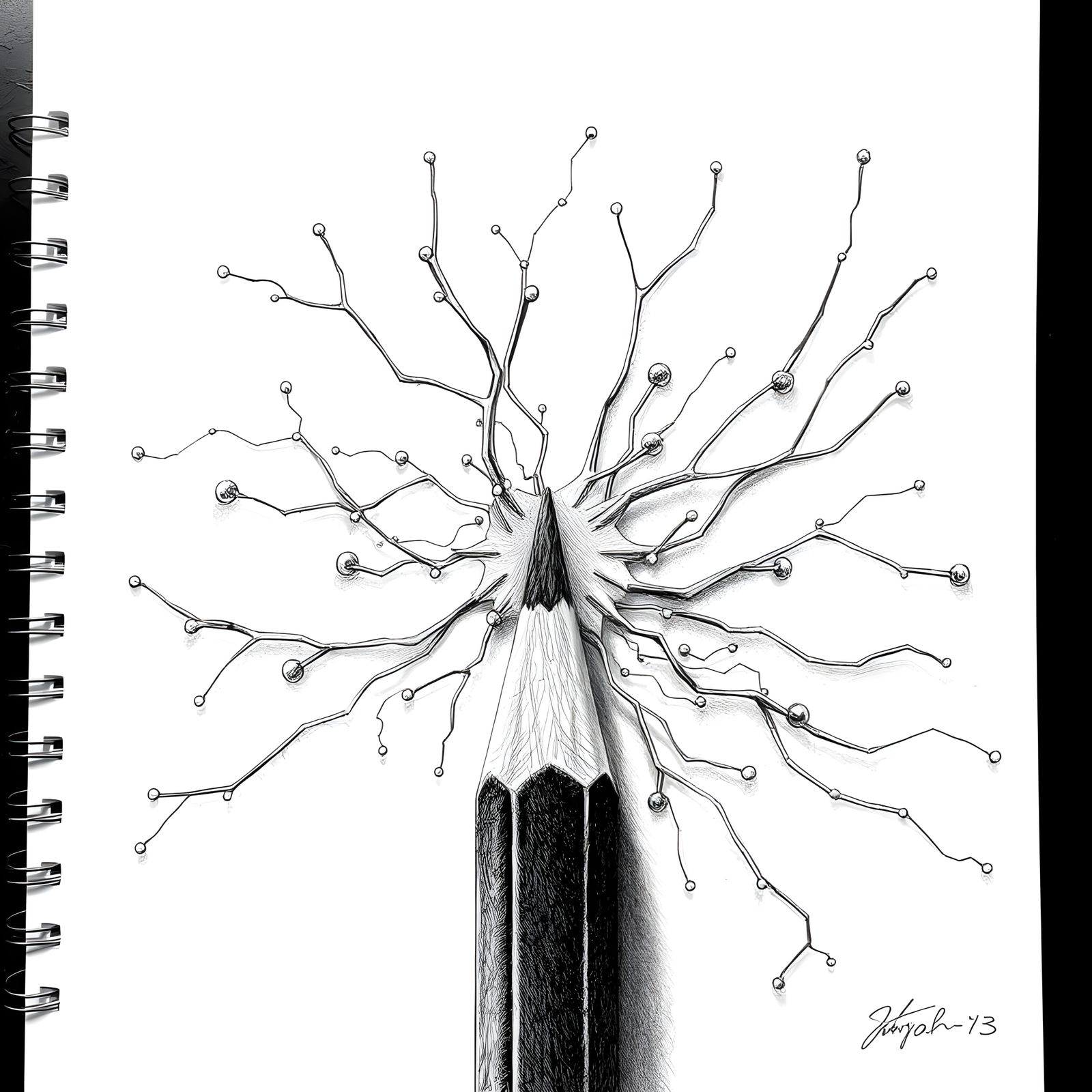 Detailed Pencil Drawing with Neuron Elements