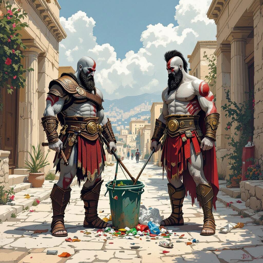Kratos and Zeus Collect Garbage in Ancient Greece