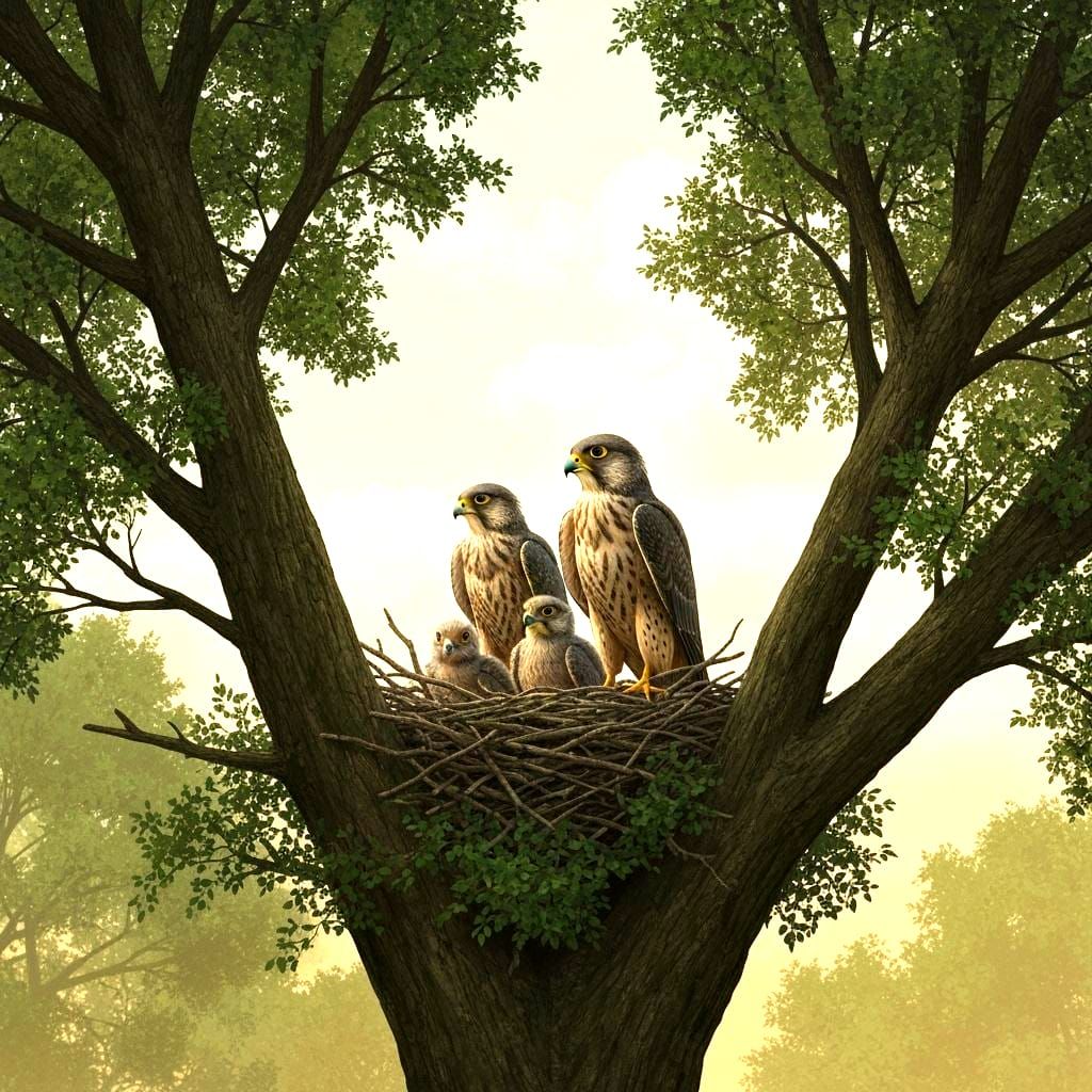 Falcons Protecting Chicks in Forest Nest as Matte Painting