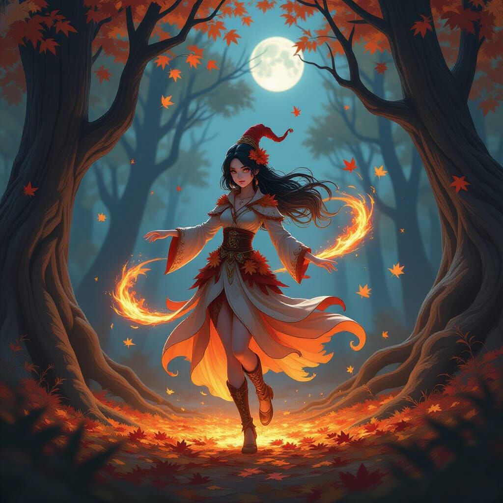 Ethereal Autumn Spirit in Moonlit Forest Clearing