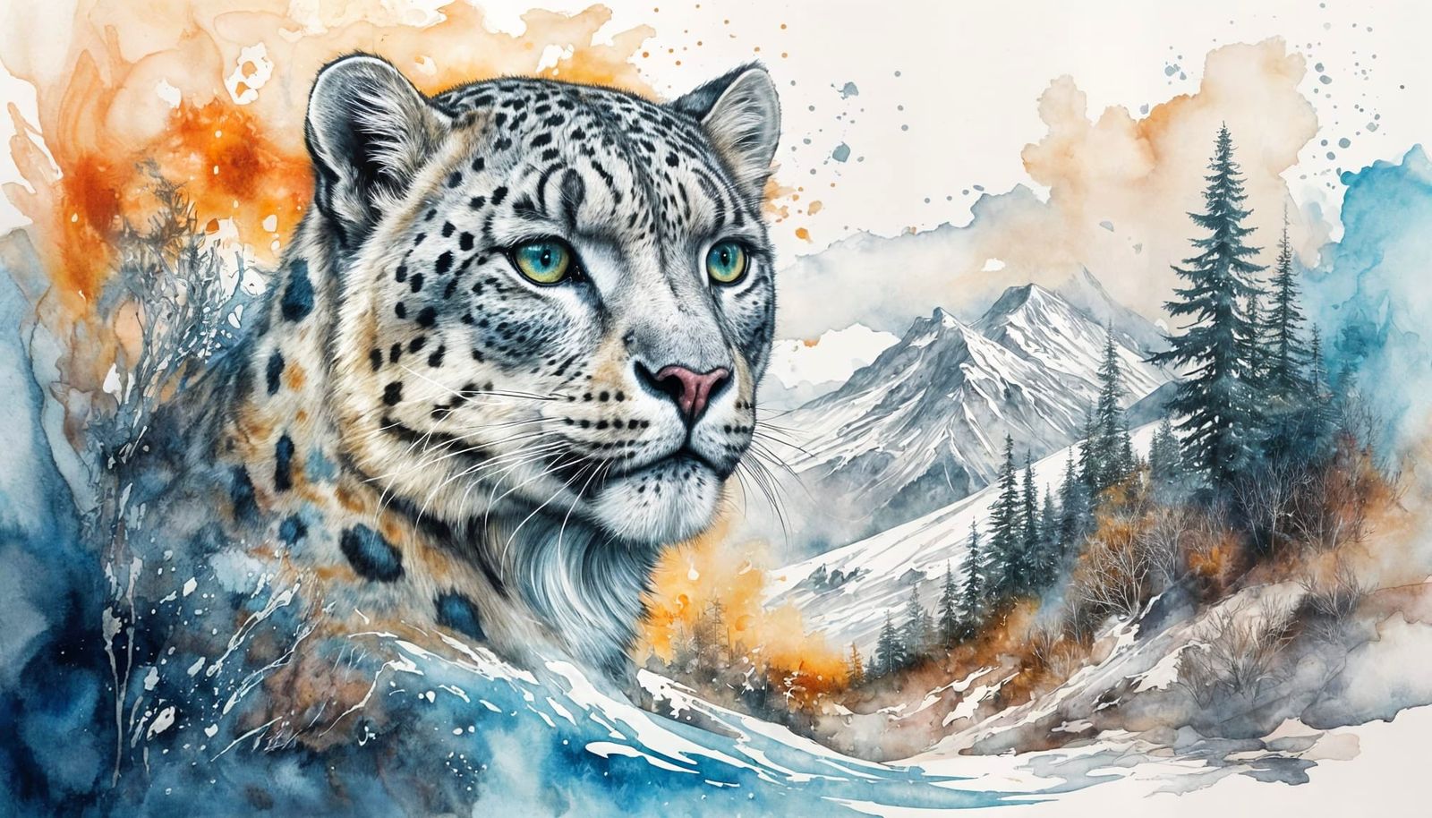 Giant Snow Leopard Emerging from Watercolor Dreamscape