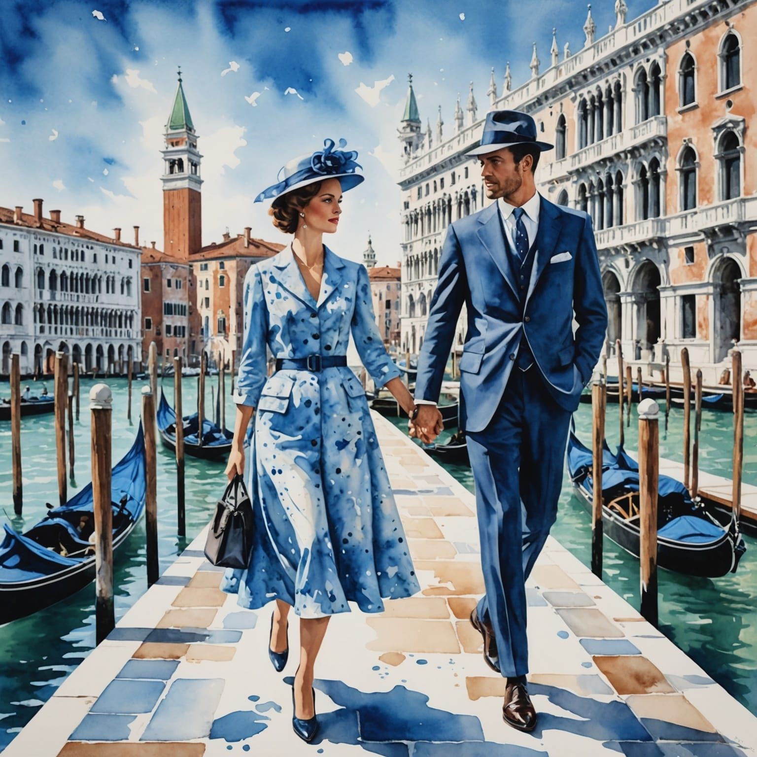 Stylish Couple in Venice in Watercolor Style