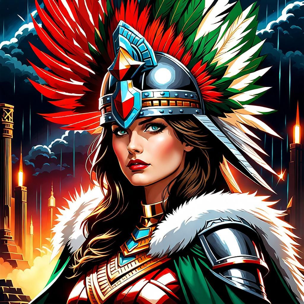 Woman in Cybernetic Armor with Aztec Headdress