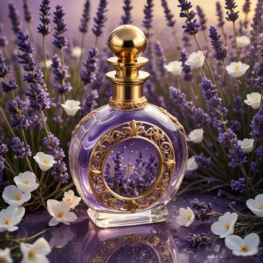 Gold Crystal Perfume Bottle with Lavender Flowers