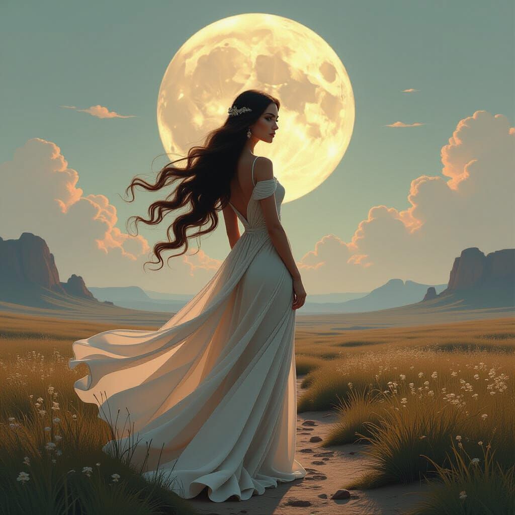 Elegant Woman in Dreamlike Surrealist Landscape