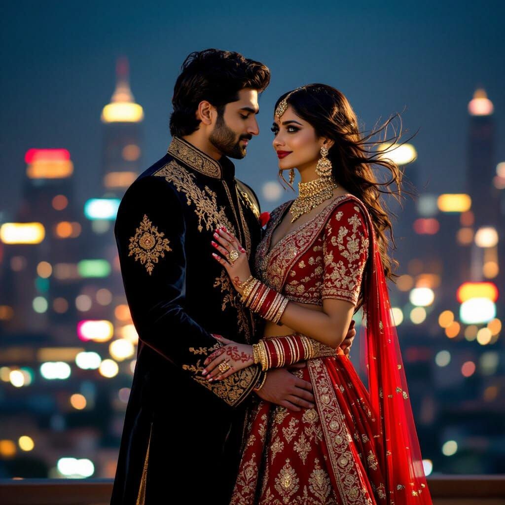 Glamorous Indian Couple in Bollywood Poster Style