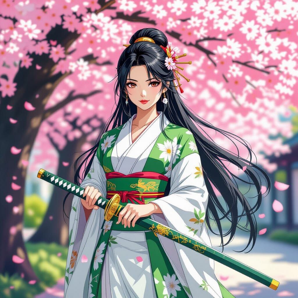 Woman with Katana Under Cherry Blossoms, in Pop Surrealism