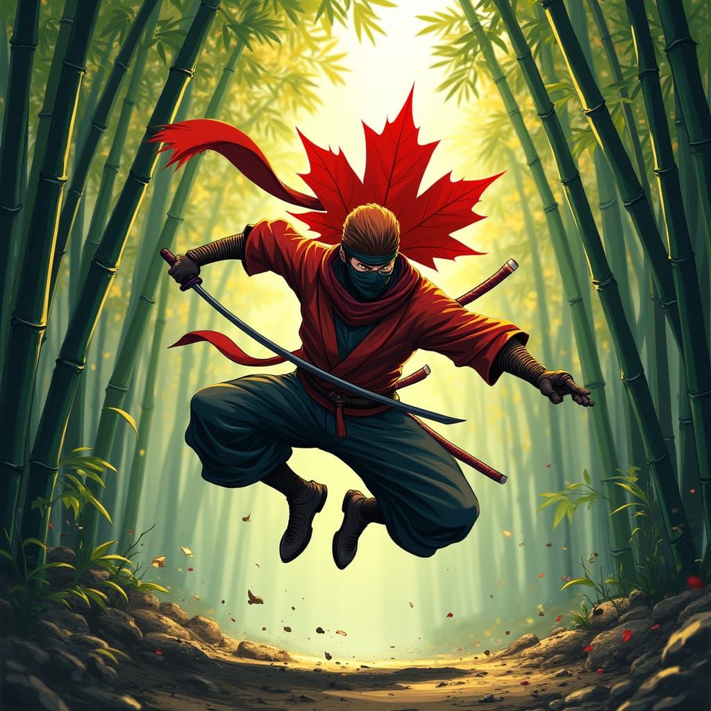 Maple Leaf Ninja Leaping Through Bamboo Forest in Manga Styl...