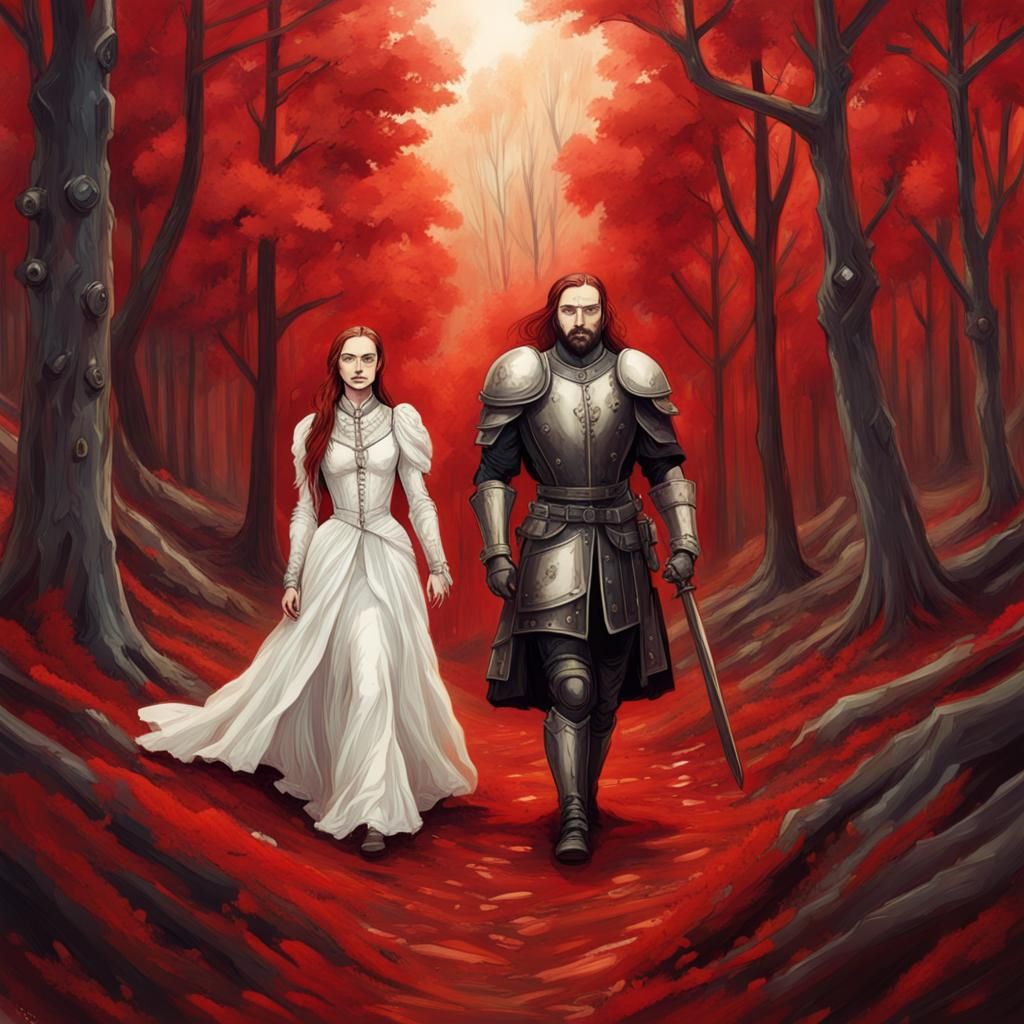Sandor and Sansa in Red Forest, Preraphaelite Style