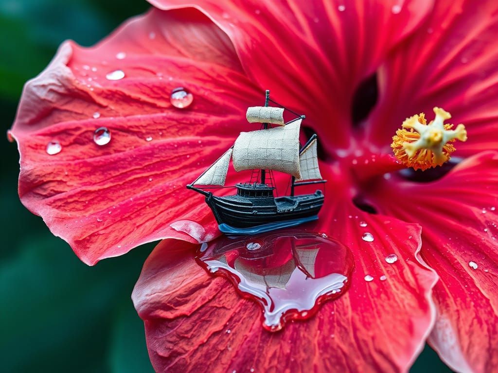 Hibiscus Dewdrop Reflecting a Sailing Ship