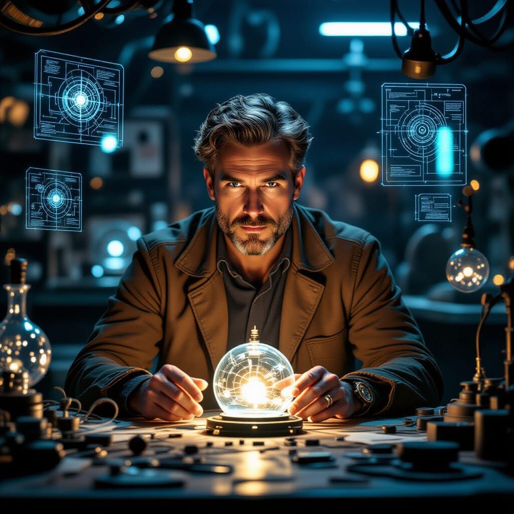 Futuristic Inventor's Genius at Work in Oil Paint