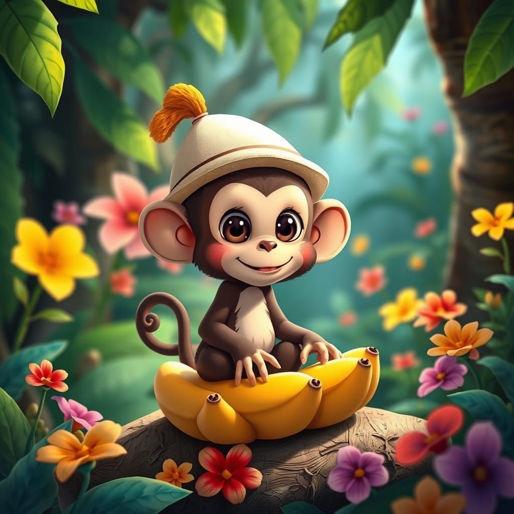 Charming Monkey in Jungle Clearing, Cartoon Style