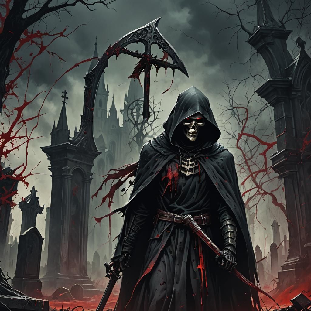 Grim Reaper in Ominous Graveyard: Dark Fantasy Art