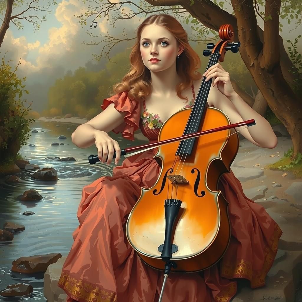European Maiden Plays Cello in Neoclassical Style