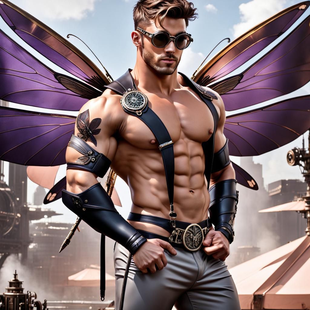 Muscular Dragonfly Man in Steampunk Style
