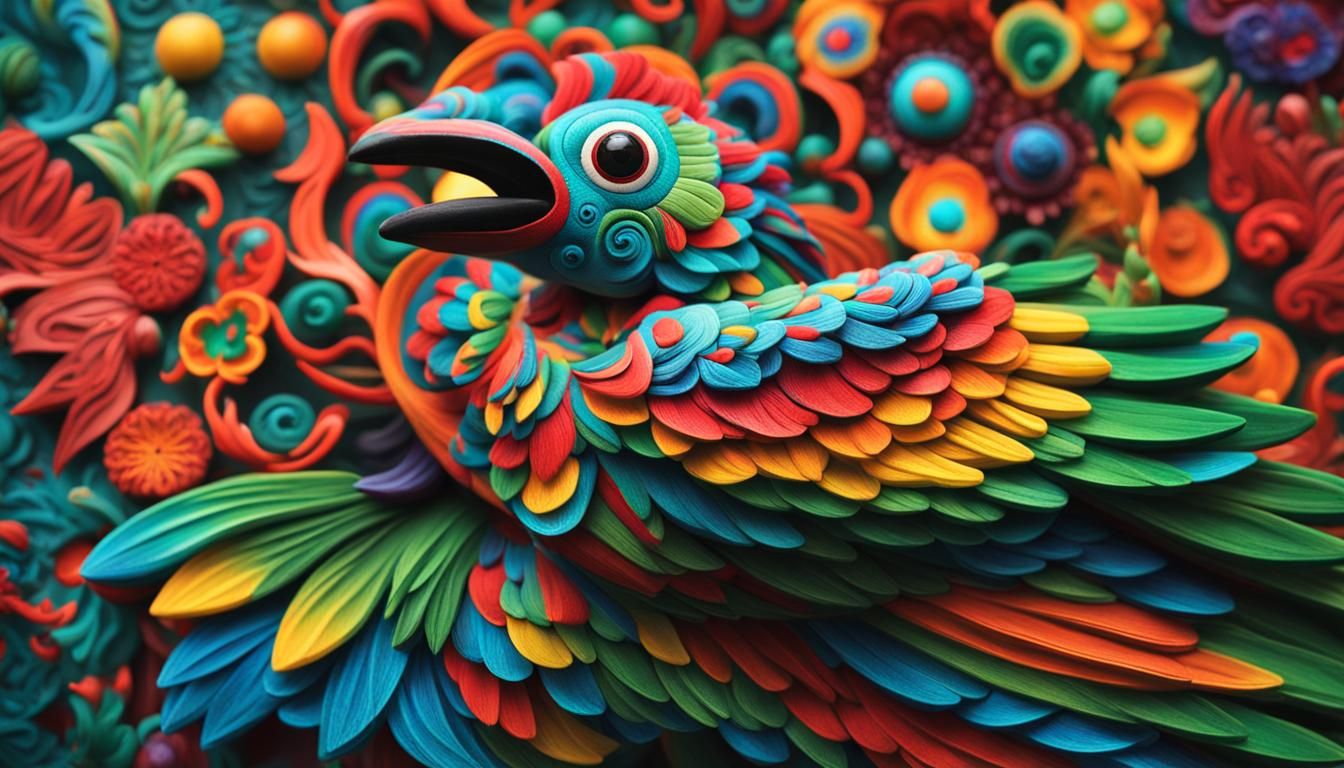 Colorful Quetzal in Mexican Alebrije Style