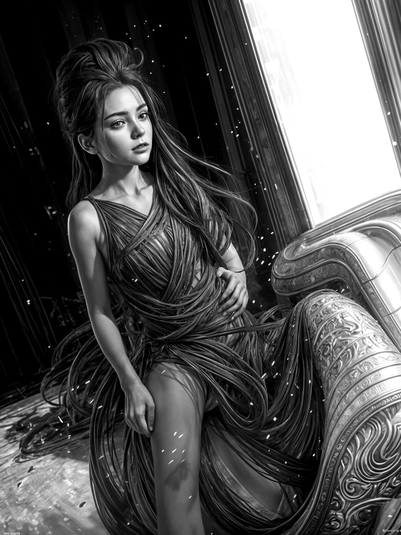 Detailed Grayscale Portrait of Latina Girl in Anime Style