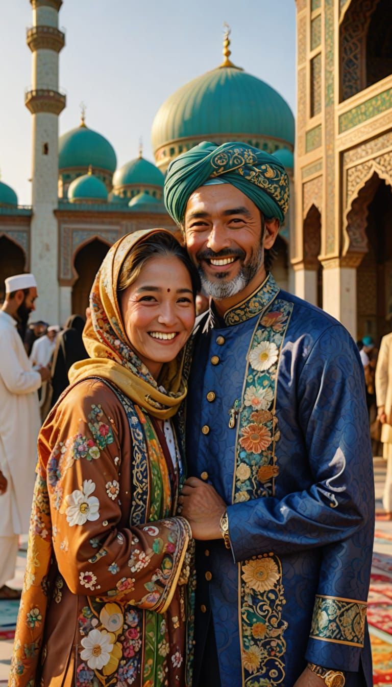 Joyful Eid Celebration in Vibrant Outdoor Setting