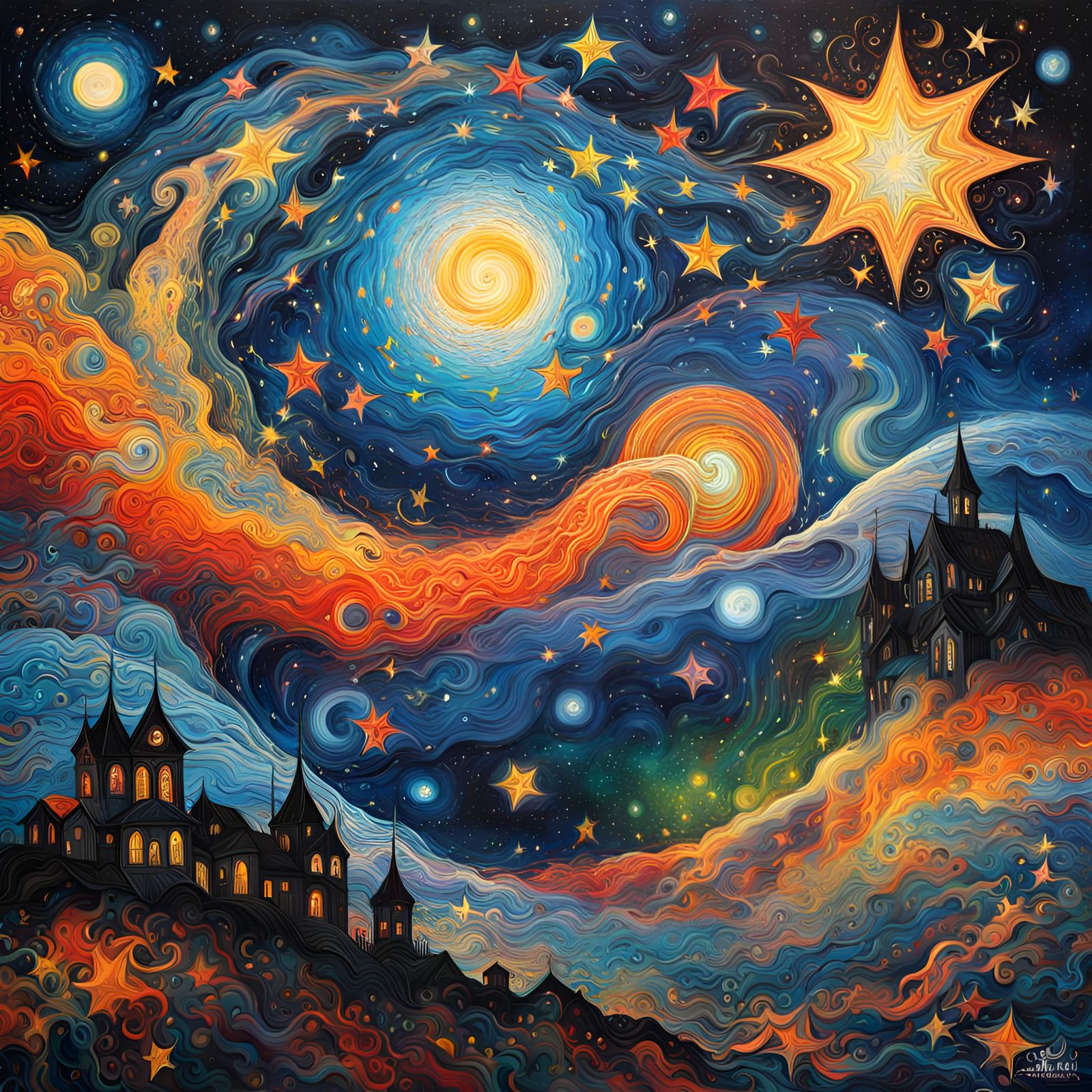 Intertwined Souls: Abstract Expressionist Starry Night