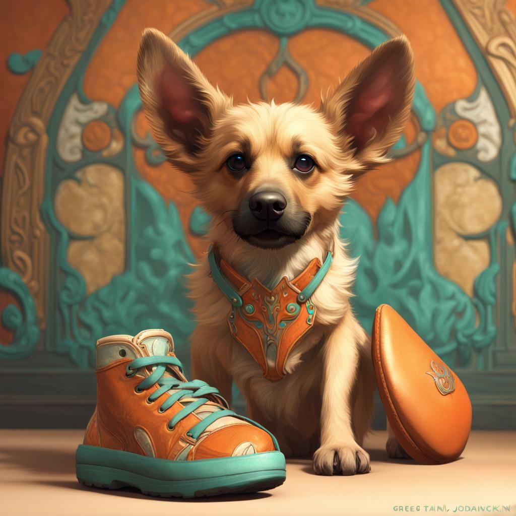 Dog Eating Slipper in Art Nouveau Style