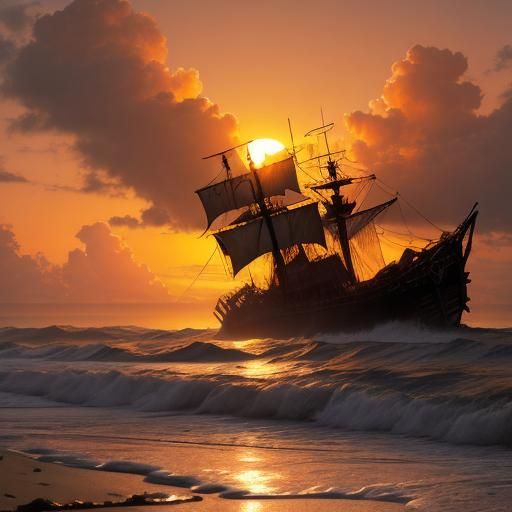 Pirate Shipwreck at Sunset: Maritime Painting