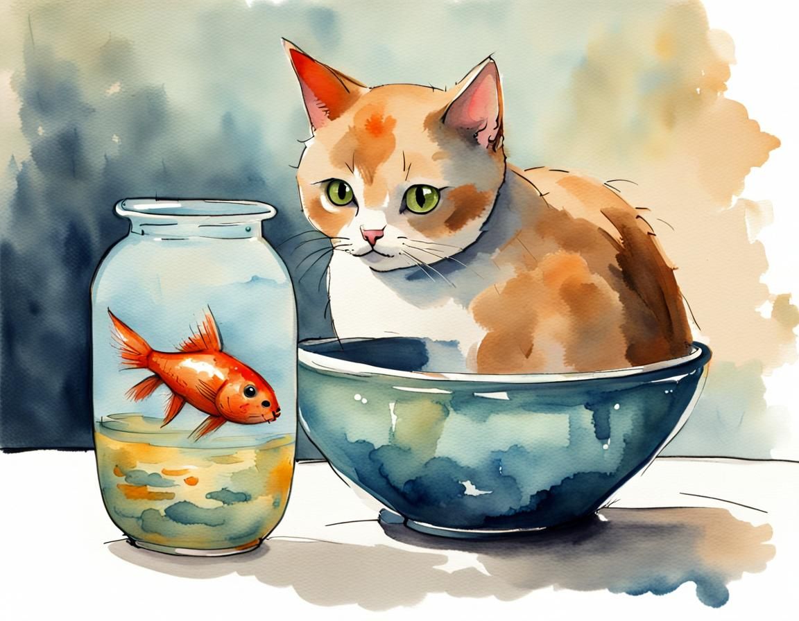 Cat Gazing at Fish in Bowl, Watercolor Style