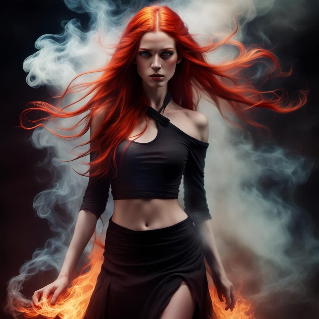 Ethereal Woman Emerges from Smoke and Flame