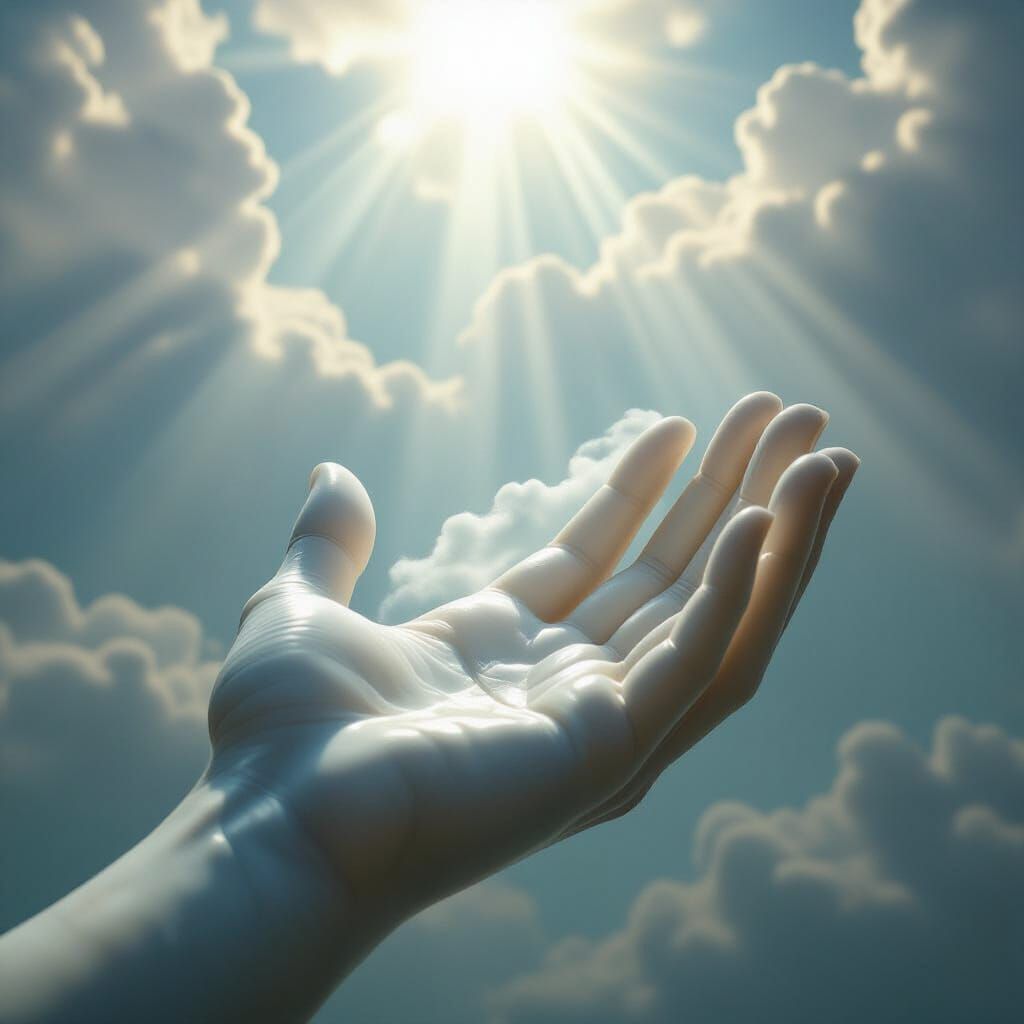 Giant Marble Hand Holds Ethereal Cloud in Serene Sky