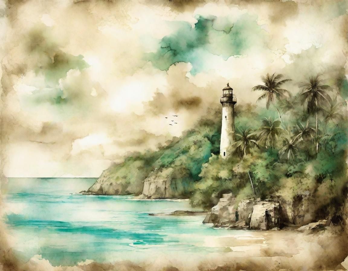 Caribbean Island Lighthouse in Vintage Ink Wash Style