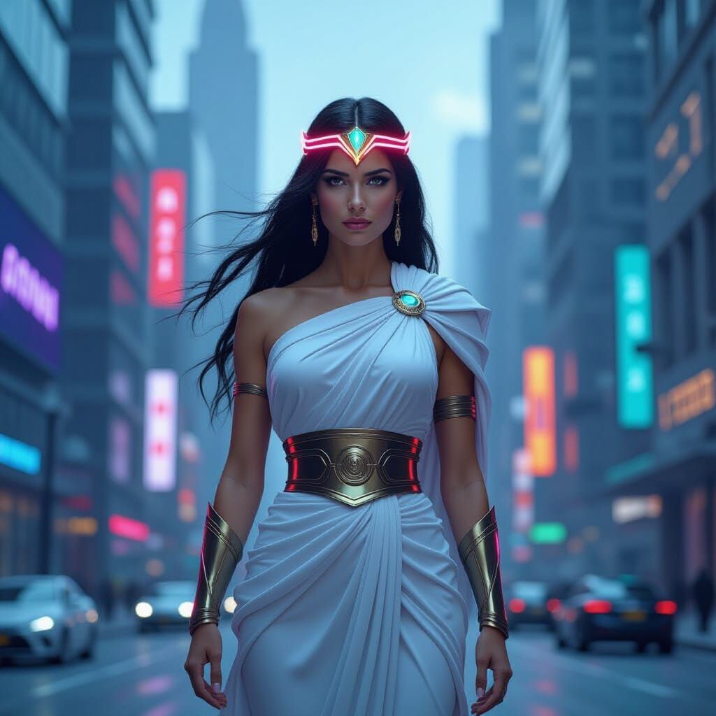 Athena in Cyberpunk Cityscape: Photorealistic Art