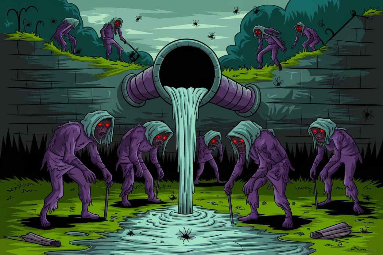 Gothic Medieval Scene of Sewerage Overflowing on Lepers