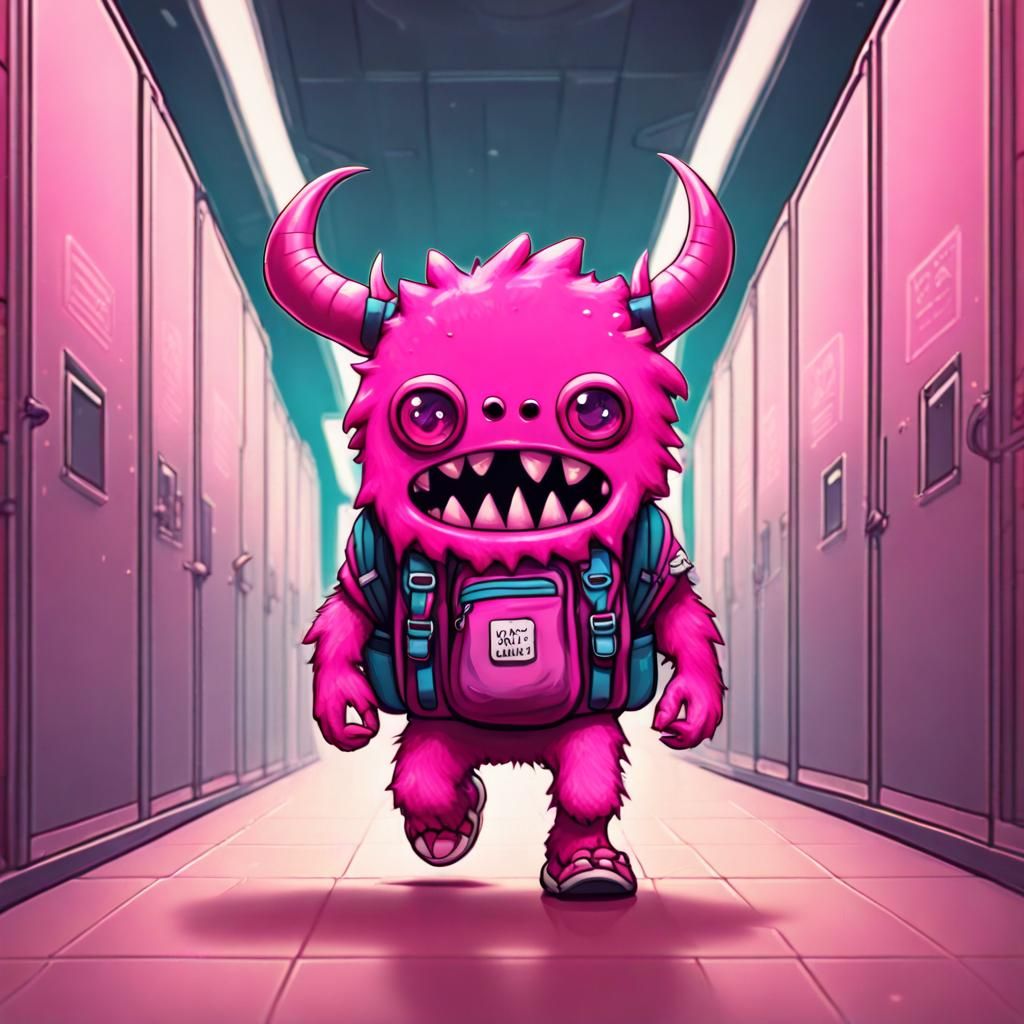 Chibi Cyclops Monster Walks School Hallway: Digital Art
