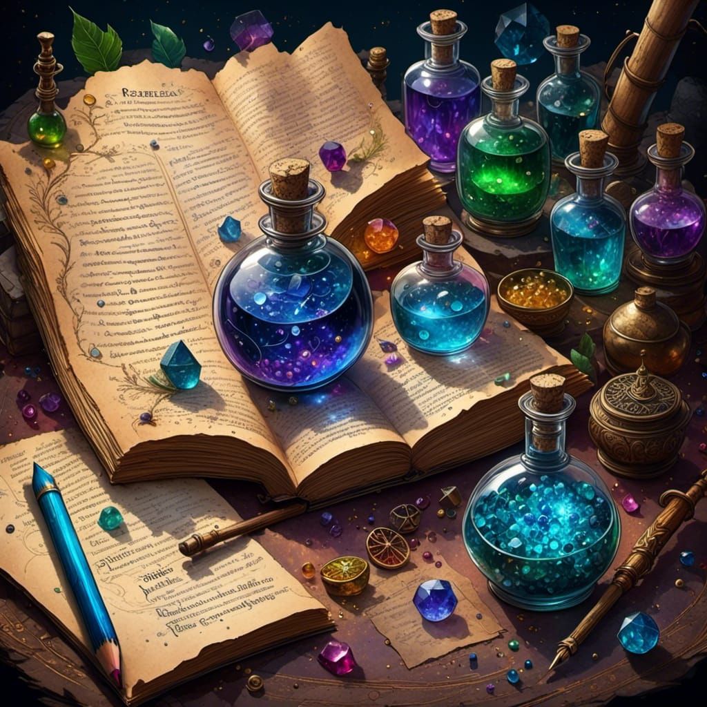 Intricate Hand-Drawn Potions Recipes on Parchment