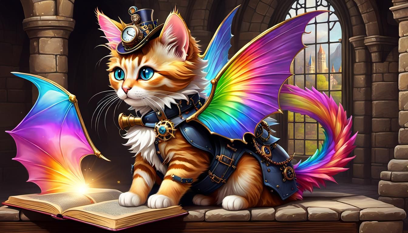 Steampunk Rainbow Dragon Cat in Gothic Dungeon