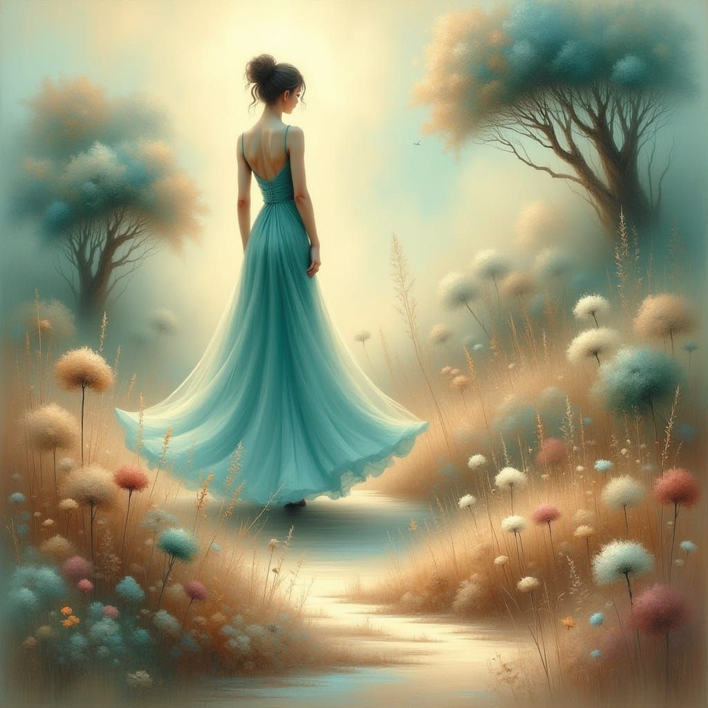 Whimsical Woman in Dreamlike Kidcore Liminal Space