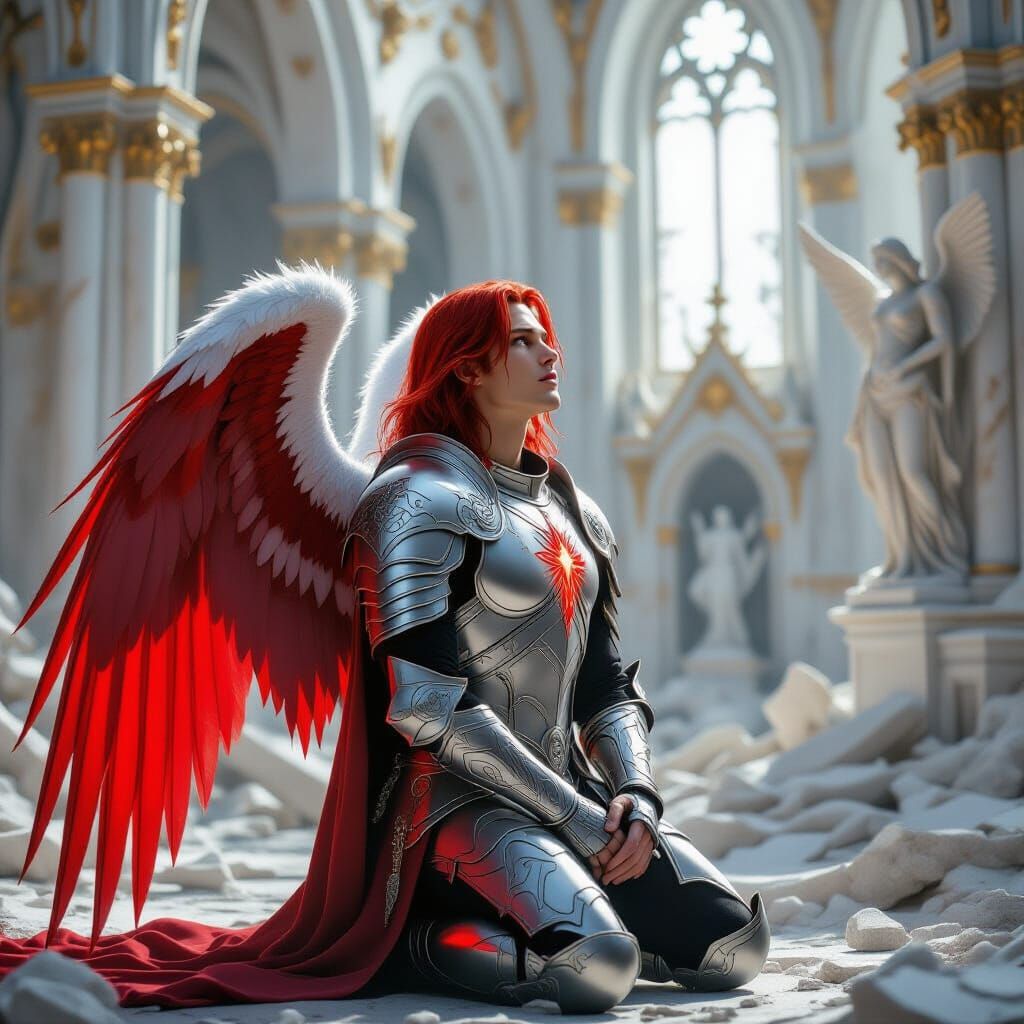 Angel in Prayer Amidst Cathedral Ruins