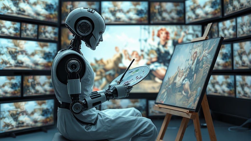Cyberpunk Robot Artist in Classic French attire Views Artwor...