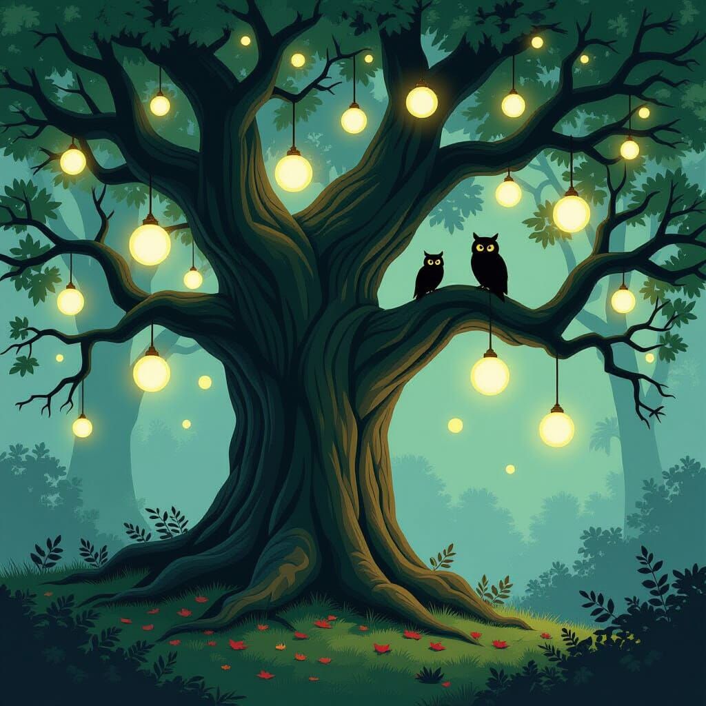 Ancient Oak Tree with Glowing Orbs and Wise Owl