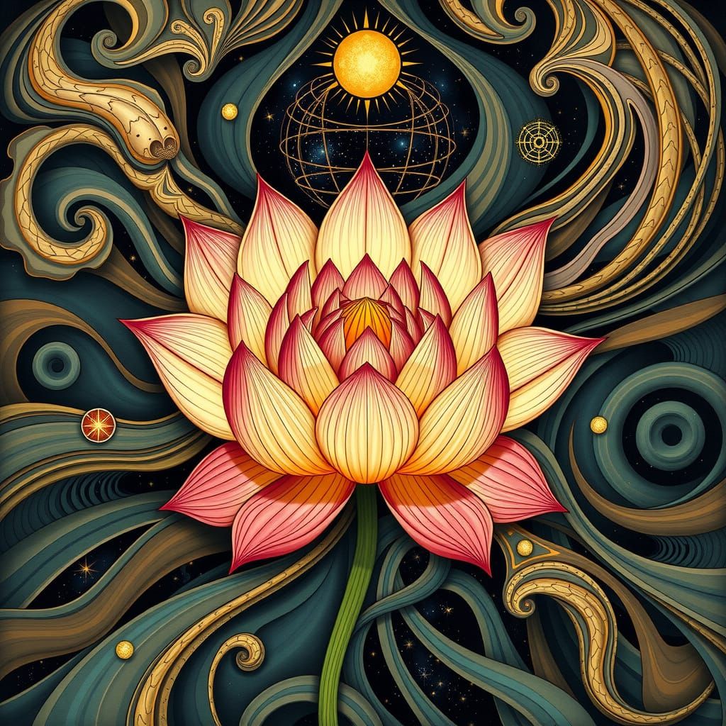 Cosmic Lotus Bloom in Merging Realism and Surrealism