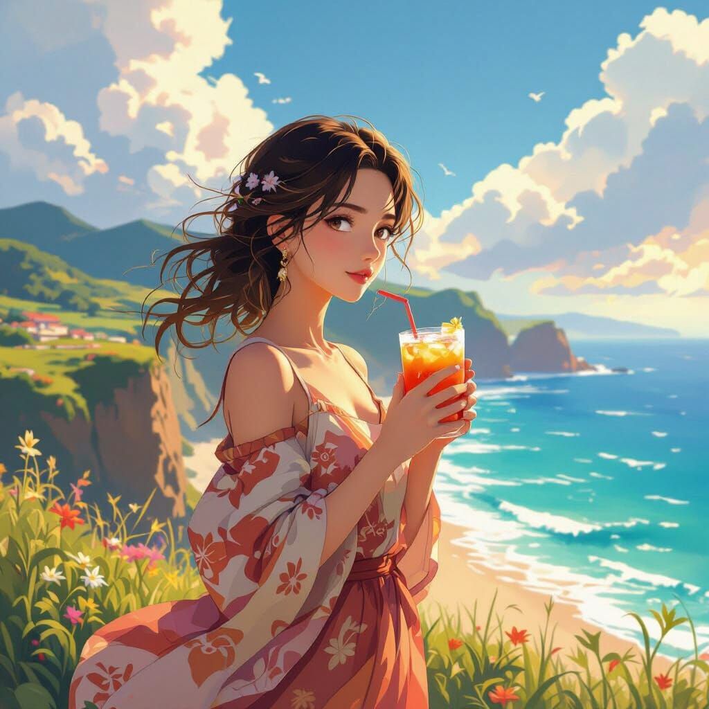 Woman on Cliff Overlooking Windswept Beach with Drink