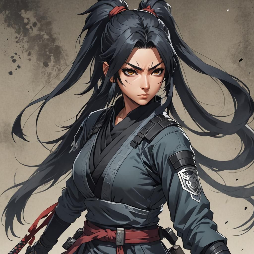 Anime-Style Female Ninja in Combat, Cel-Shaded Art
