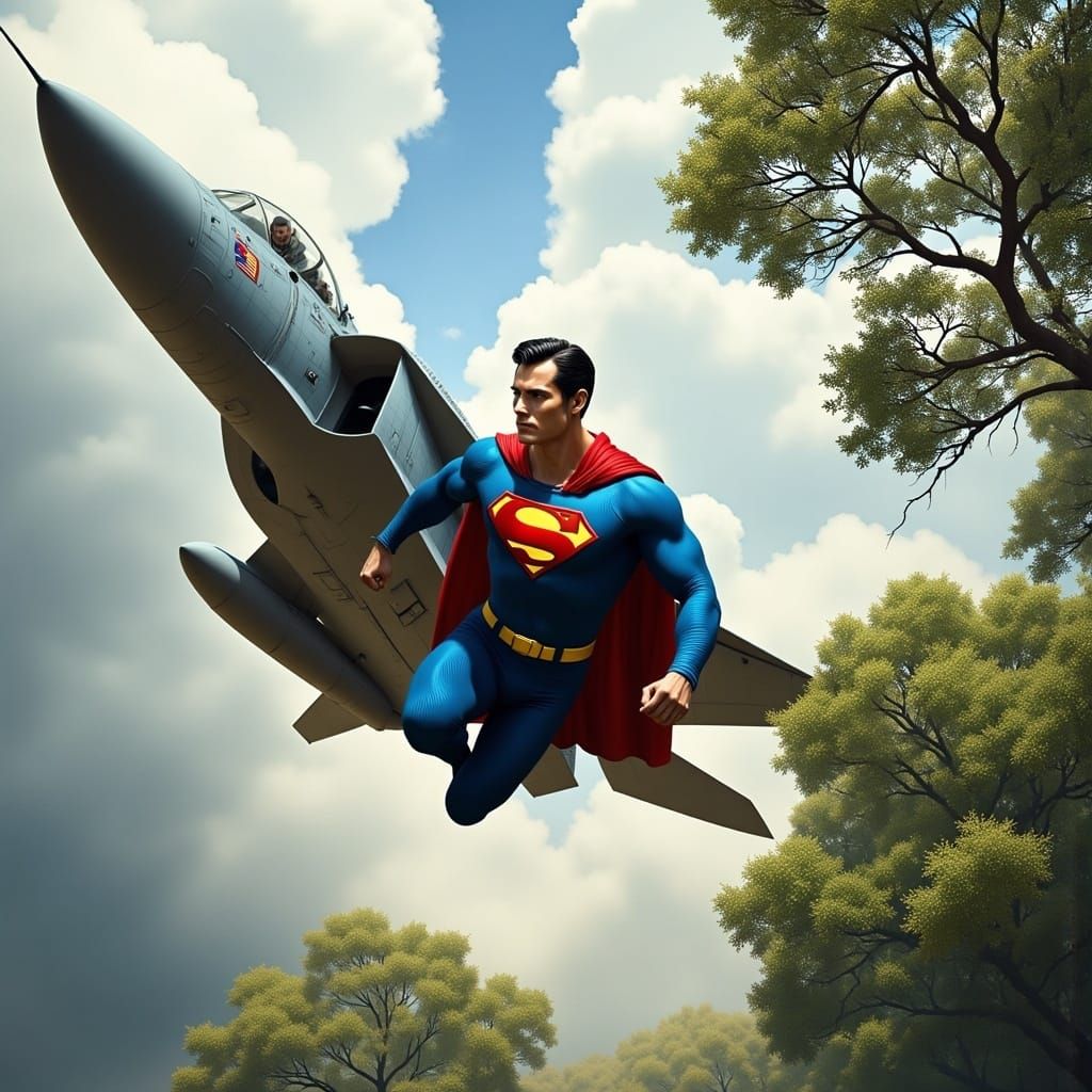 F-4 Phantom vs Superman in Dynamic High-Energy Scene